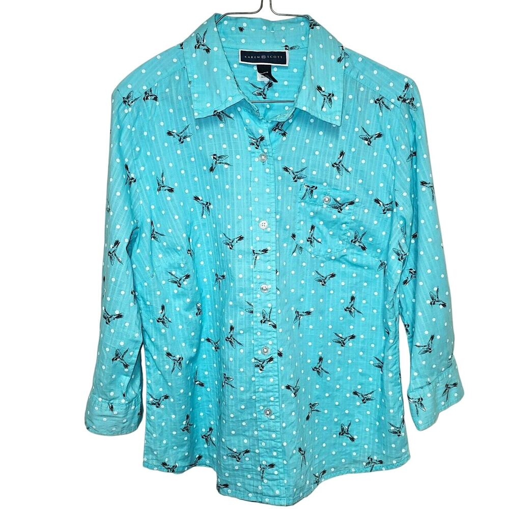 KAREN SCOTT All Over Bird Print Shirt Womens Size Small Novelty Office - Picture 1 of 7